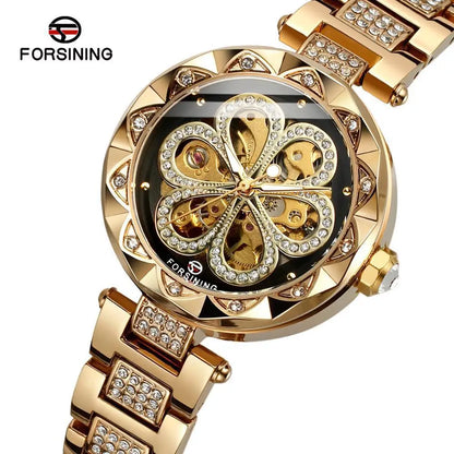 Forsining 342 Women's Automatic Mechanical Watch – Elegant Flower Design, Stainless Steel Fashion Wristwatch