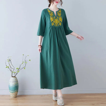 Women's Ethnic-Style V-Neck Embroidered Dress – Loose-Fit, 3/4 Sleeves, Mid-Length Summer Fashion