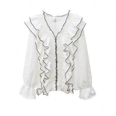 Women's Ruffle Pleated Chiffon Blouse – Court Style, Solid Color, Flare Long Sleeve Casual Top