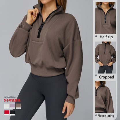 Women's Half-Zip Long Sleeve Fleece Jacket – Breathable, Stylish Crop Top for Yoga & Gym Russet