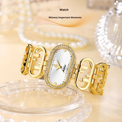 Women’s Oval Quartz Watch – Gold‑Tone Alloy Case with Diamond Accents, 30M Water Resistant Analog Watch for Daily Wear & Gifts Velmira