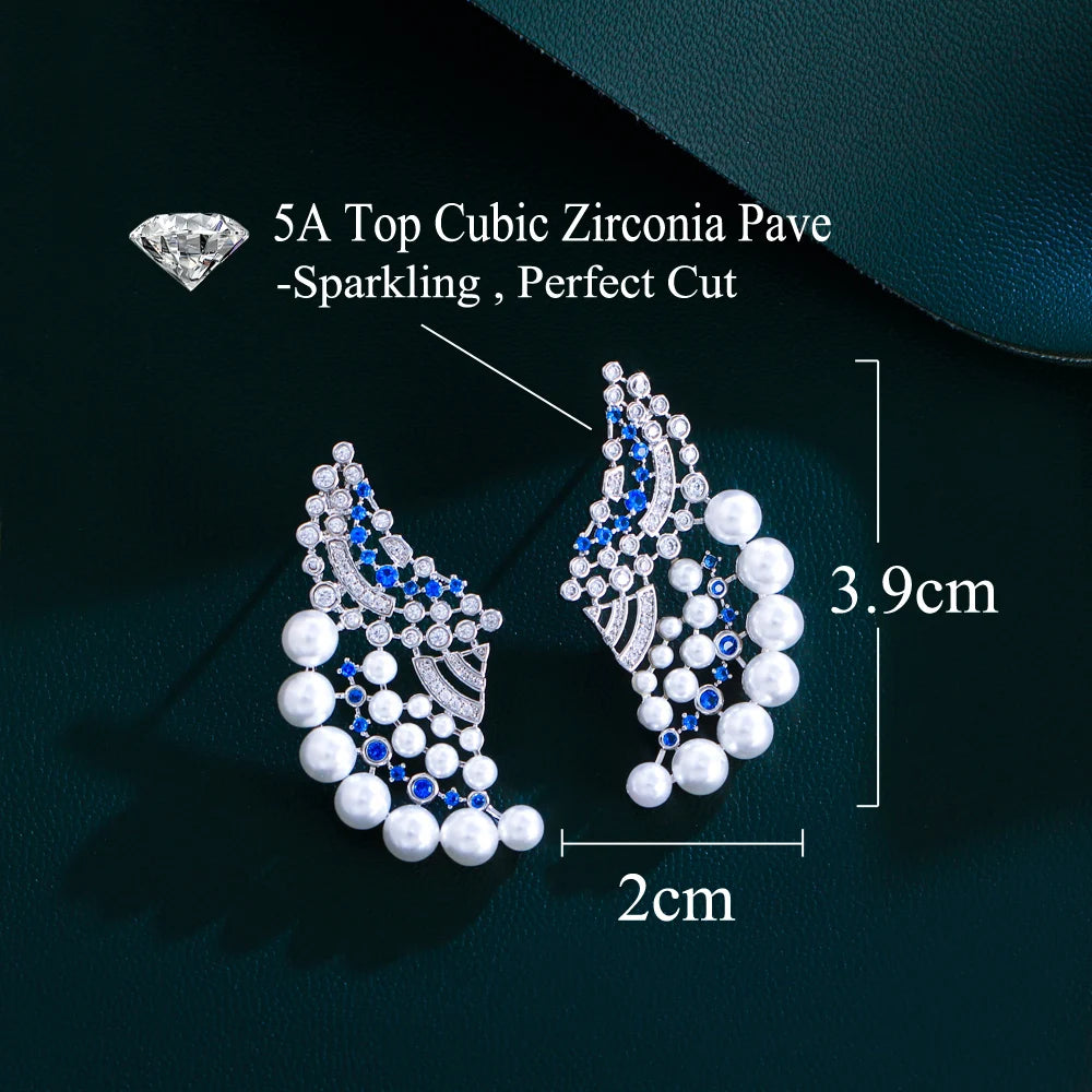 Elegant Blue Cubic Zircon Geometric Pearl Earrings for Women – Wedding & Party Jewelry