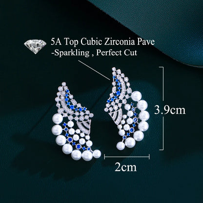 Elegant Blue Cubic Zircon Geometric Pearl Earrings for Women – Wedding & Party Jewelry
