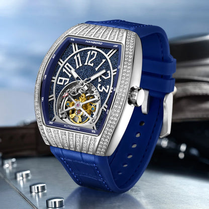 HANBORO Men’s Automatic Skeleton Flywheel Watch – Stainless Steel Case, 5BAR Water Resistant, Mechanical Luxury Wristwatch (Magic Series) Serkan