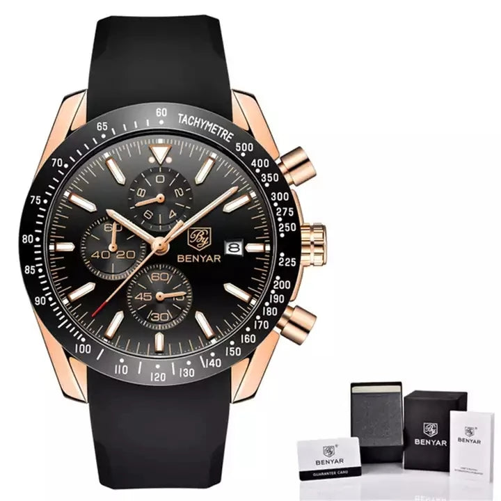 BENYAR 5140 Men's Luxury Quartz Watch – Stainless Steel Business Casual Sports Wristwatch, Waterproof Designer Watch for Men