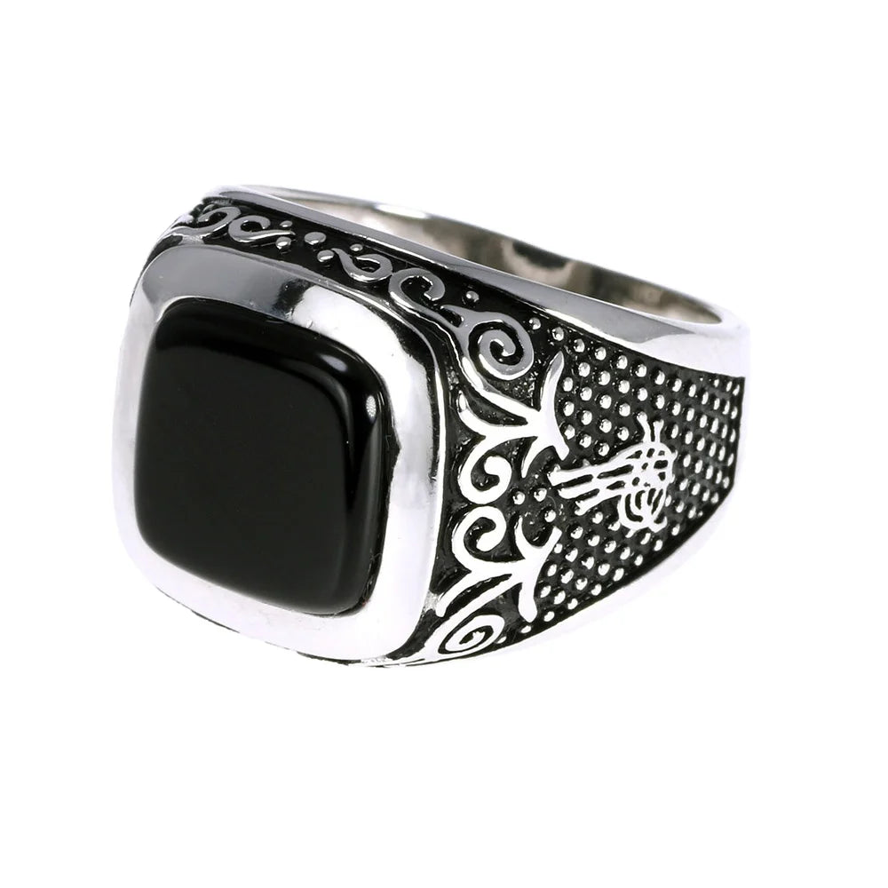 Vintage Punk 925 Sterling Silver Ottoman Tugra Men’s Ring – Square Black Stone, Engraved Retro Floral Design