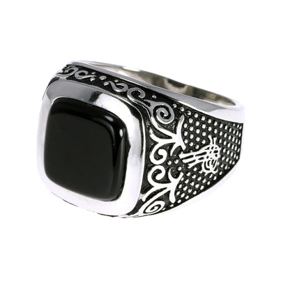 Vintage Punk 925 Sterling Silver Ottoman Tugra Men’s Ring – Square Black Stone, Engraved Retro Floral Design
