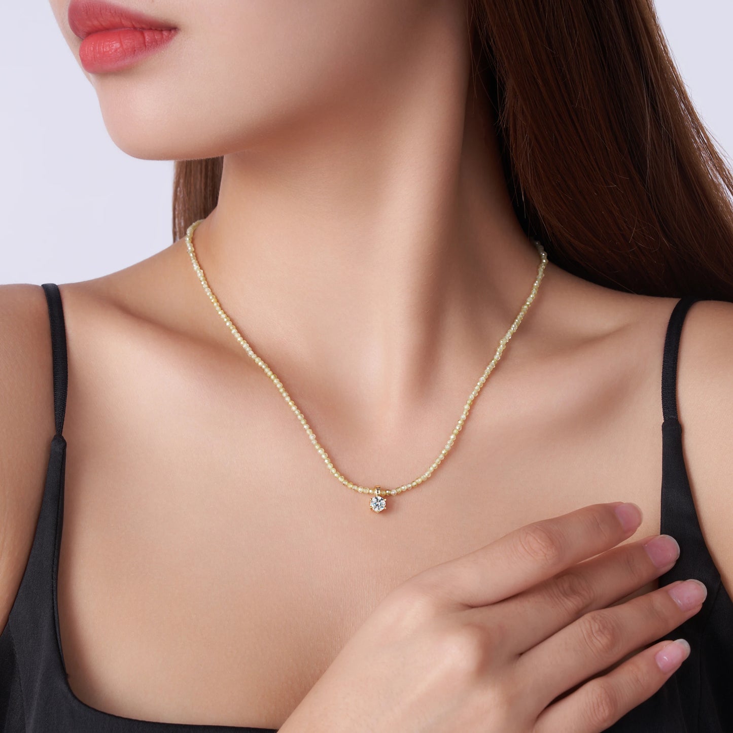5mm Moissanite Beaded Layered Necklace for Women – 925 Sterling Silver, 18K Gold Plated, Cut Moissanite Pendant Sue