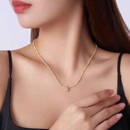 5mm Moissanite Beaded Layered Necklace for Women – 925 Sterling Silver, 18K Gold Plated, Cut Moissanite Pendant Sue
