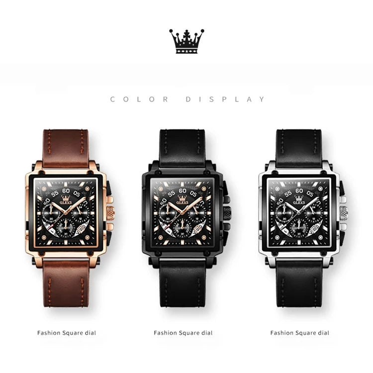 OLEVS 9919 Men’s Square Quartz Watch – Waterproof Leather Strap, Sport Luxury Wristwatch for Men