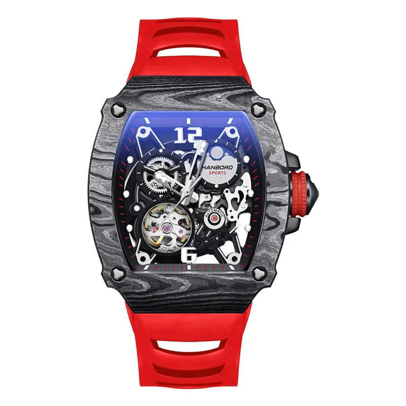 HANBORO Fully Automatic Mechanical Men’s Watch – Waterproof Luminous Square Dial, Hollow Design, Rubber Strap, Skeleton Wristwatch Mert