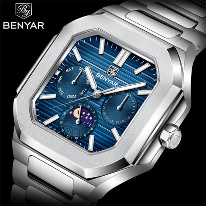 BENYAR 5221 Men’s Square Quartz Watch 37mm – Stainless Steel Waterproof Business Wristwatch, Fashion Gift for Men