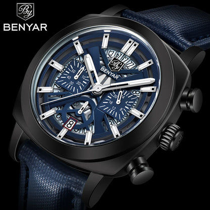 BENYAR 5205M Men's Luxury Quartz Chronograph Watch – 30M Waterproof, Luminous Dial, Leather Strap Fashion Wristwatch for Men