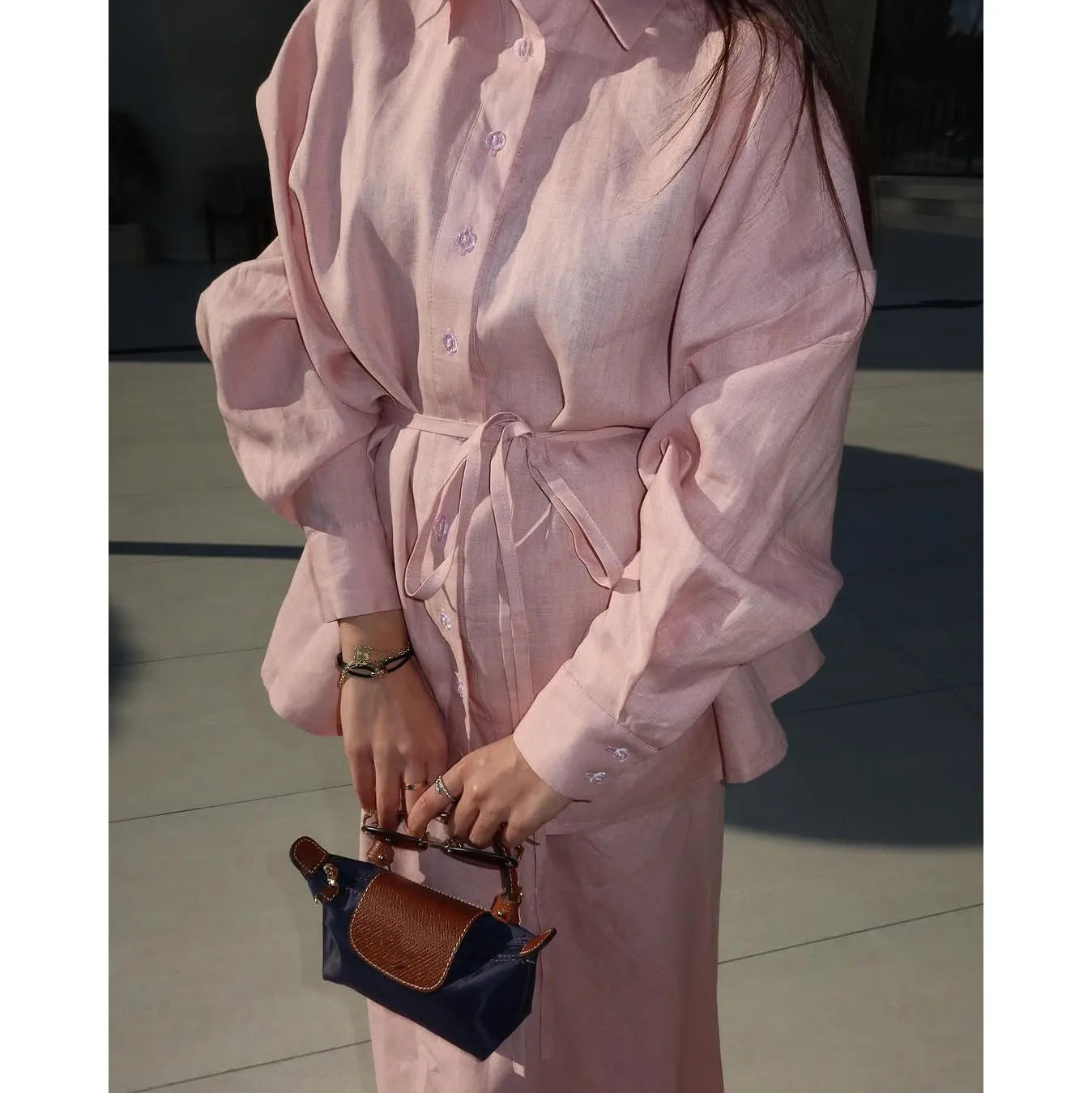 Women’s 2 Piece Pink Skirt Set – Single Breasted Long Sleeve Lace-Up Blouse & Loose Summer Maxi Skirt