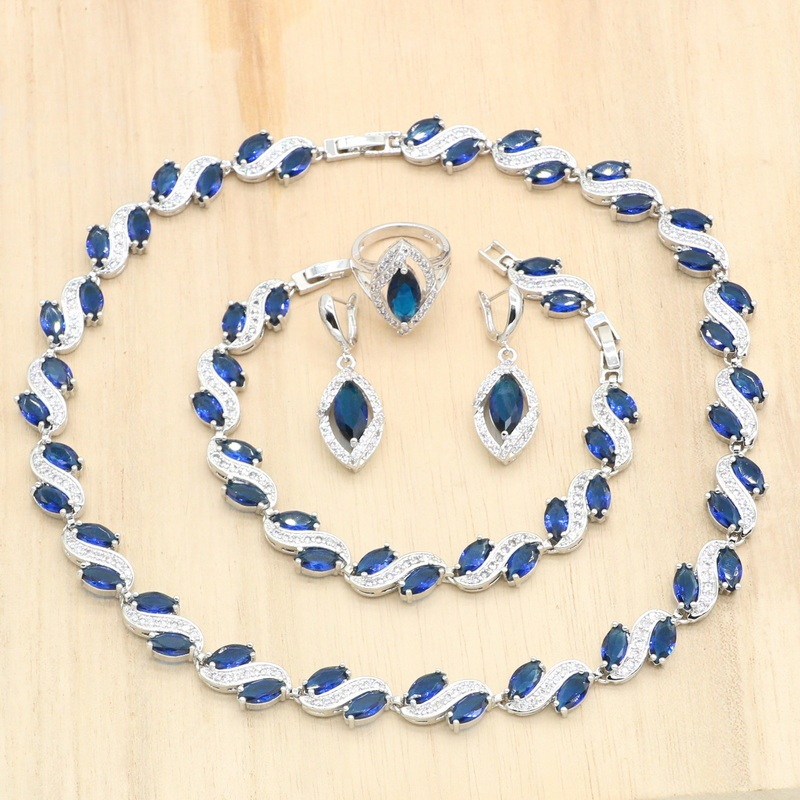 Royal Blue Zircon Jewelry Set for Women – Silver Necklace, Earrings, Bracelet & Ring for Weddings, Parties & Gifts Aestra