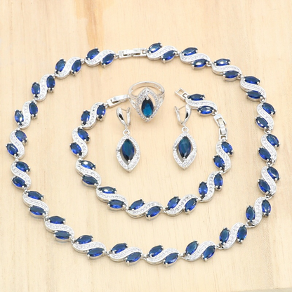 Royal Blue Zircon Jewelry Set for Women – Silver Necklace, Earrings, Bracelet & Ring for Weddings, Parties & Gifts Aestra
