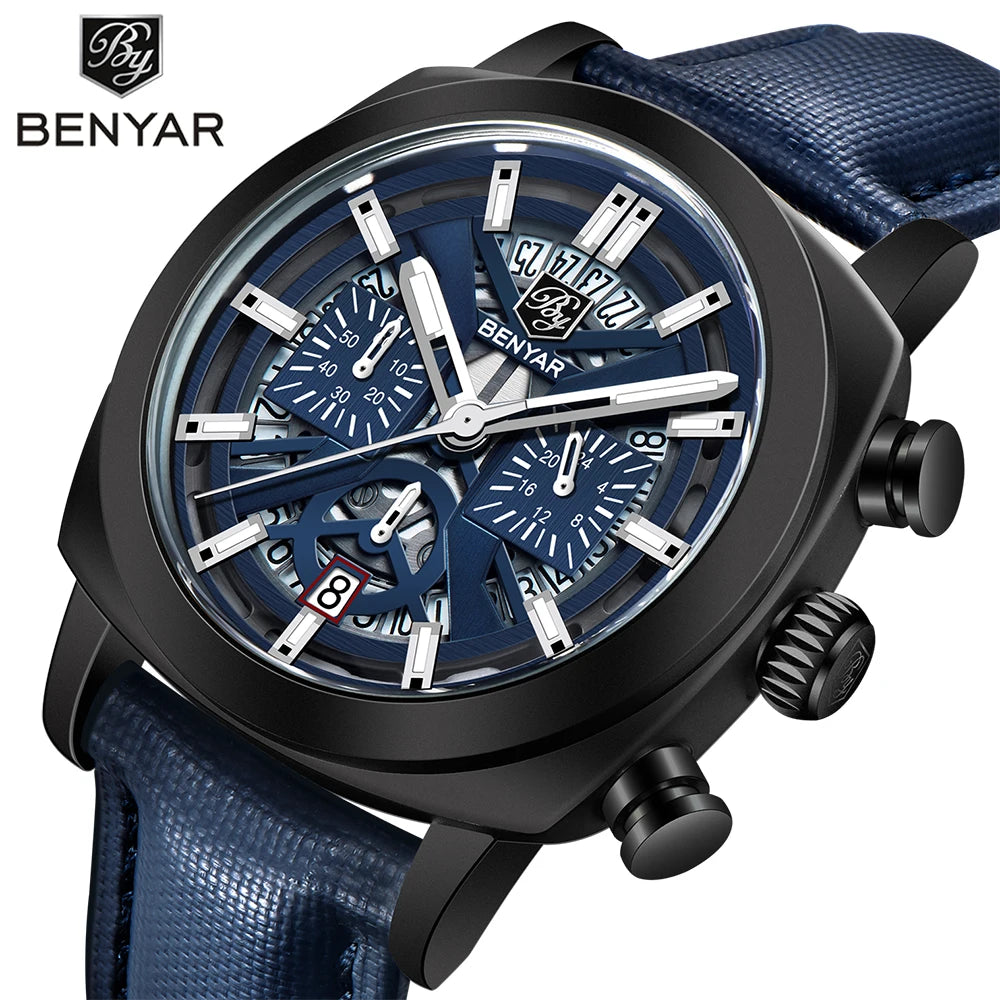 BENYAR 5205M Men's Luxury Quartz Chronograph Watch – 30M Waterproof, Luminous Dial, Leather Strap Fashion Wristwatch for Men
