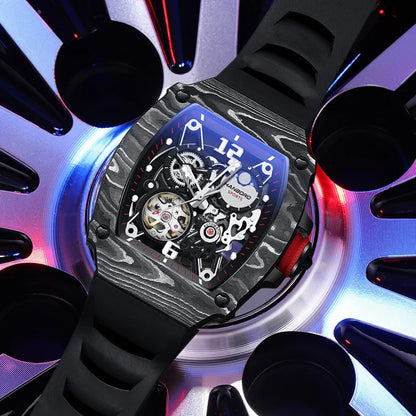 HANBORO Fully Automatic Mechanical Men’s Watch – Waterproof Luminous Square Dial, Hollow Design, Rubber Strap, Skeleton Wristwatch Mert