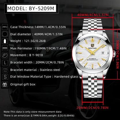 BENYAR 5209 Automatic Mechanical Watch for Men – 40mm Stainless Steel Luxury Timepiece, 50M Waterproof