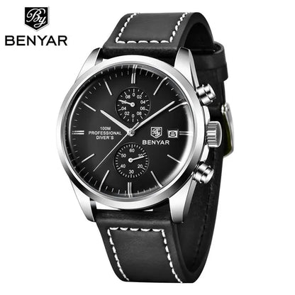 BENYAR 5187 Men’s Chronograph Watch – Waterproof Quartz Sports Wristwatch with Genuine Leather Strap & Date