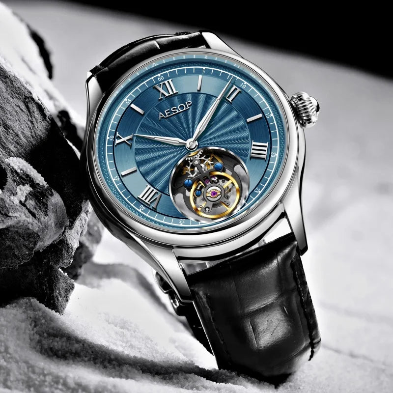 AESOP 7041 Luxury Skeleton Tourbillon Men’s Watch – Roman Numerals, Stainless Steel, Sapphire Crystal Automatic