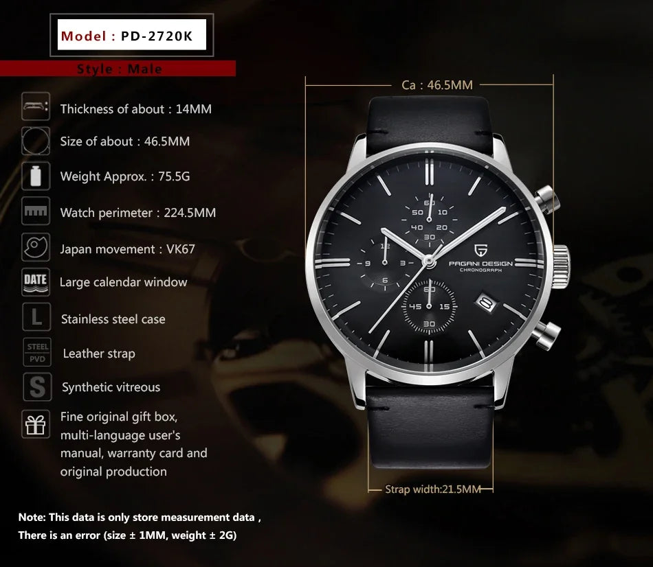 PAGANI DESIGN 2720 Men’s Sports Chronograph Watch – Quartz Business & Fashion Leather Strap Wristwatch