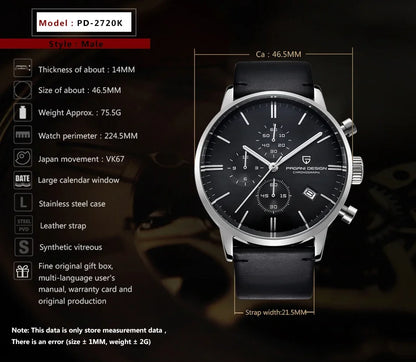 PAGANI DESIGN 2720 Men’s Sports Chronograph Watch – Quartz Business & Fashion Leather Strap Wristwatch