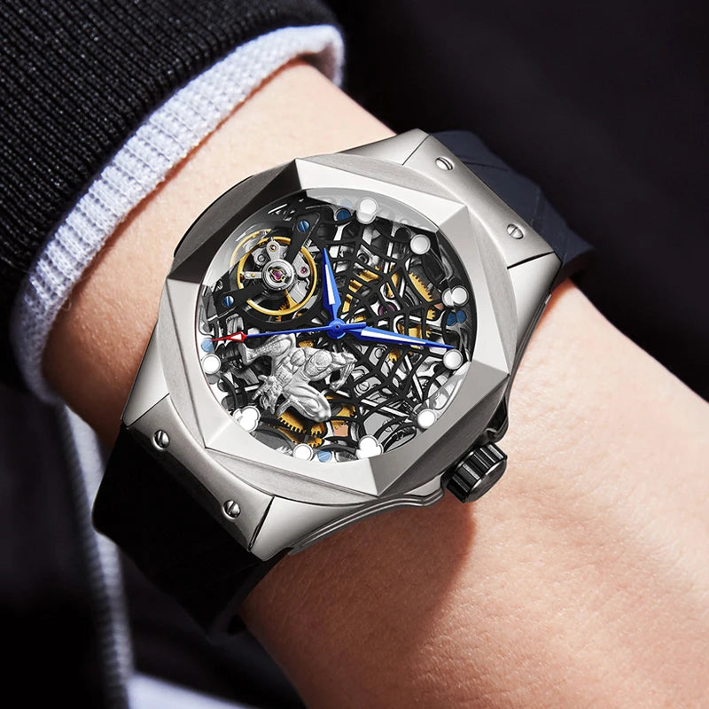 HANBORO Men’s Automatic Skeleton Flywheel Watch – Spider Web Design, Mechanical Movement, Power Reserve, Silicone Strap, Luxury Wristwatch