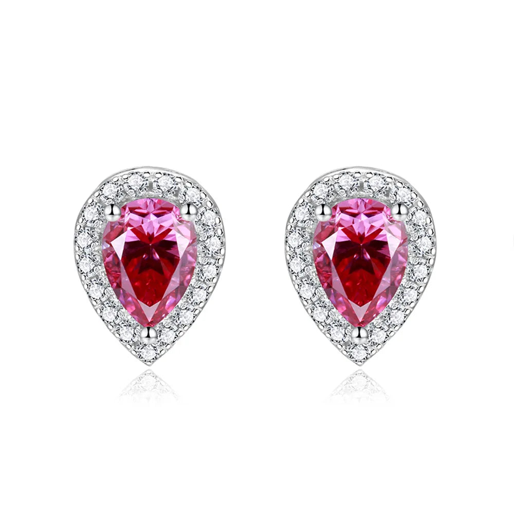 Designer Colorful Pear Cut Moissanite Stud Earrings 5x7mm (0.8CT) – 925 Sterling Silver Halo Setting with Full-Cut Accent Stones Emerie