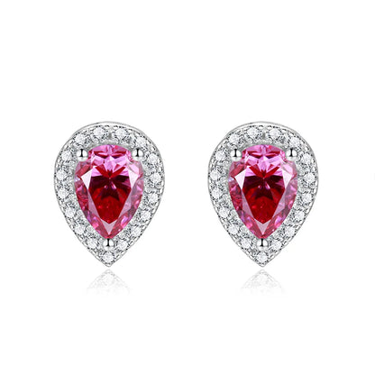 Designer Colorful Pear Cut Moissanite Stud Earrings 5x7mm (0.8CT) – 925 Sterling Silver Halo Setting with Full-Cut Accent Stones Emerie