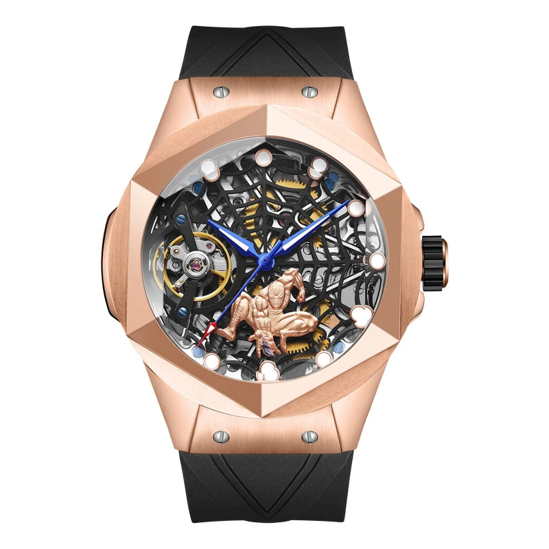 HANBORO Men’s Automatic Skeleton Flywheel Watch – Spider Web Design, Mechanical Movement, Power Reserve, Silicone Strap, Luxury Wristwatch