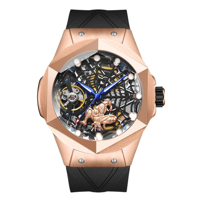 HANBORO Men’s Automatic Skeleton Flywheel Watch – Spider Web Design, Mechanical Movement, Power Reserve, Silicone Strap, Luxury Wristwatch