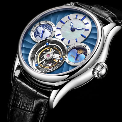 AESOP 7017 Luxury Men's Mechanical Watch – Skeleton Dial, Moon Phase Chronograph, Sapphire Crystal, Stainless Steel Tourbillon Wristwatch