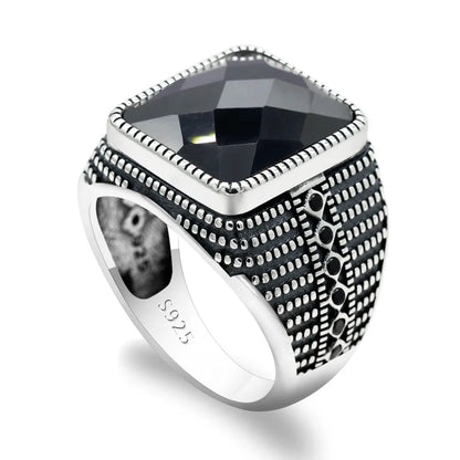 Men’s Black Agate Ring 925 Sterling Silver – Square Gemstone Jewelry Gift Vasilis