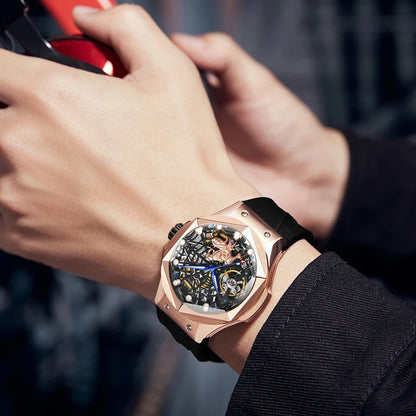 HANBORO Men’s Automatic Skeleton Flywheel Watch – Spider Web Design, Mechanical Movement, Power Reserve, Silicone Strap, Luxury Wristwatch