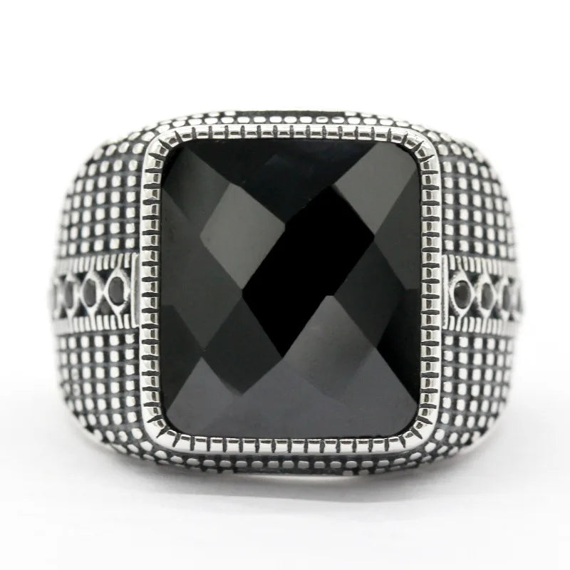 Men’s Black Agate Ring 925 Sterling Silver – Square Gemstone Jewelry Gift Vasilis