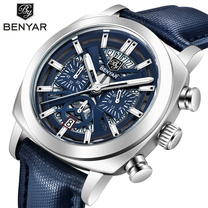 BENYAR 5205M Men's Luxury Quartz Chronograph Watch – 30M Waterproof, Luminous Dial, Leather Strap Fashion Wristwatch for Men