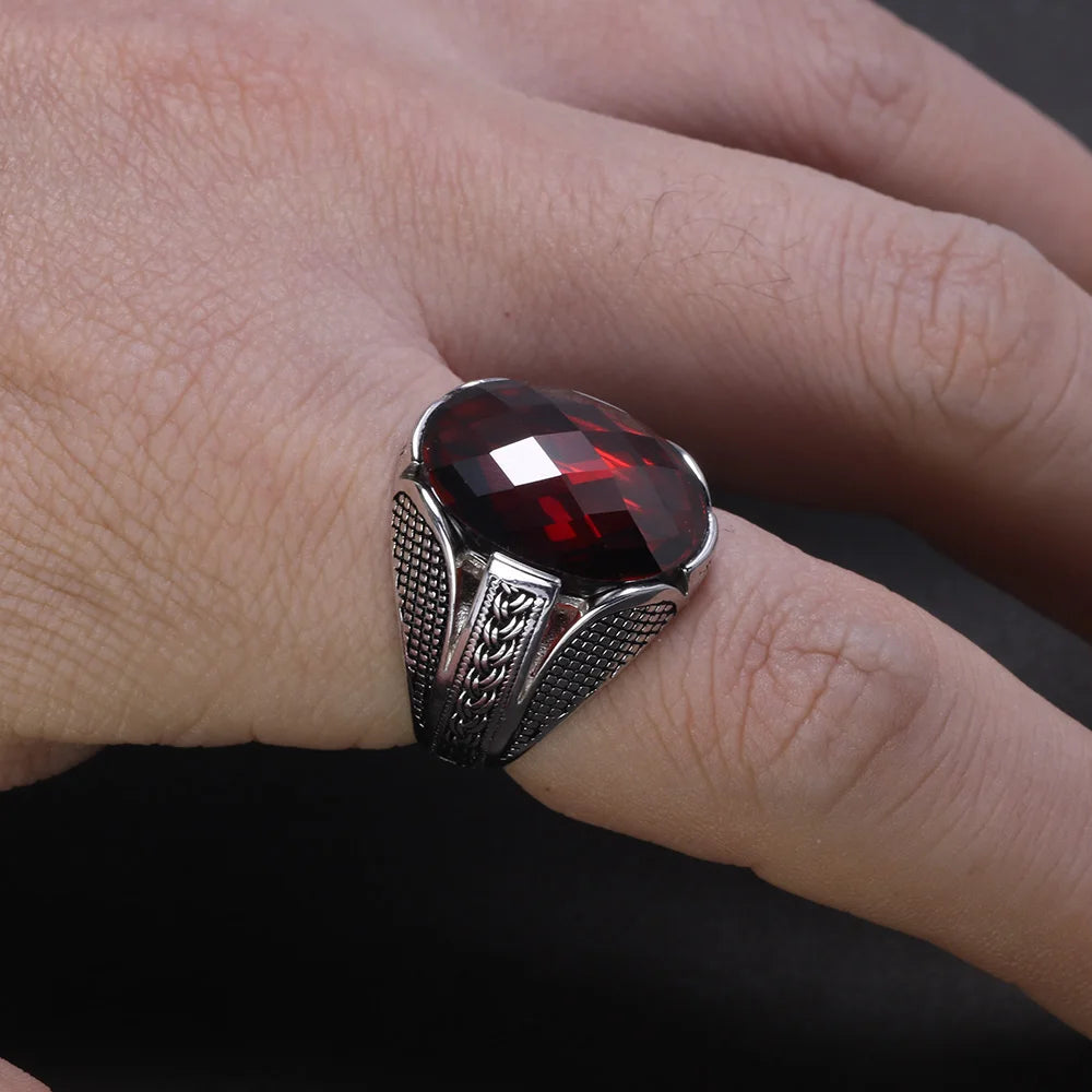 Men’s 925 Sterling Silver Ring with Red Zircon Stone – Vintage Turkish Wedding Jewelry Eren