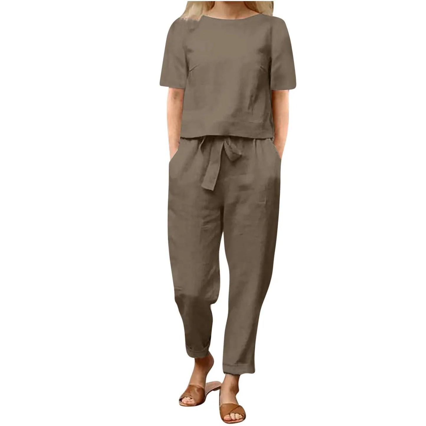 Women’s Cotton Linen Two Piece Set – Summer Short Sleeve O-Neck Oversized Blouse & High Waist Wide Leg Pants Carmen