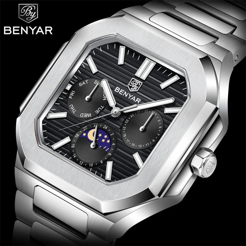 BENYAR 5221 Men’s Square Quartz Watch 37mm – Stainless Steel Waterproof Business Wristwatch, Fashion Gift for Men