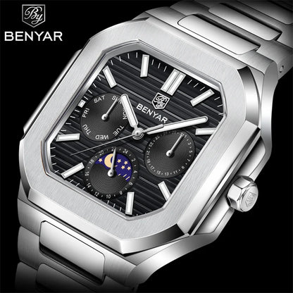 BENYAR 5221 Men’s Square Quartz Watch 37mm – Stainless Steel Waterproof Business Wristwatch, Fashion Gift for Men