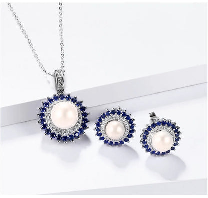 925 Sterling Silver Natural Pearl Jewelry Set for Women – Freshwater Pearl Stud Earrings & Sapphire Pendant Lirael