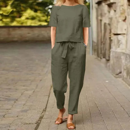 Women’s Cotton Linen Two Piece Set – Summer Short Sleeve O-Neck Oversized Blouse & High Waist Wide Leg Pants Carmen