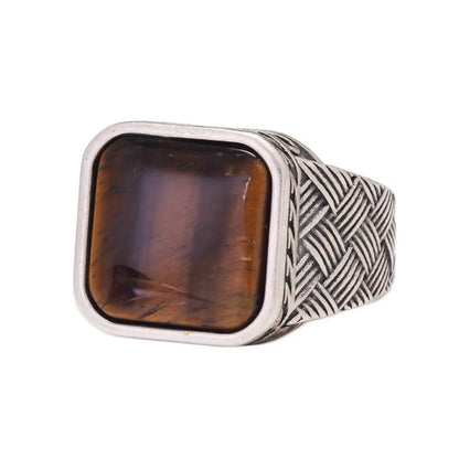 Men’s 925 Sterling Silver Ring with Natural Tiger Eye Agate – Antique Vintage Style