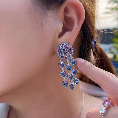 Rhodium Plated CZ Purple & Turquoise Heart Tassel Dangle Drop Earrings for Women