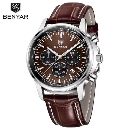 BENYAR 5213 Men's Luxury Quartz Chronograph Watch – Waterproof Leather Strap, Luminous Dial, Designer Sport Wristwatch for Men
