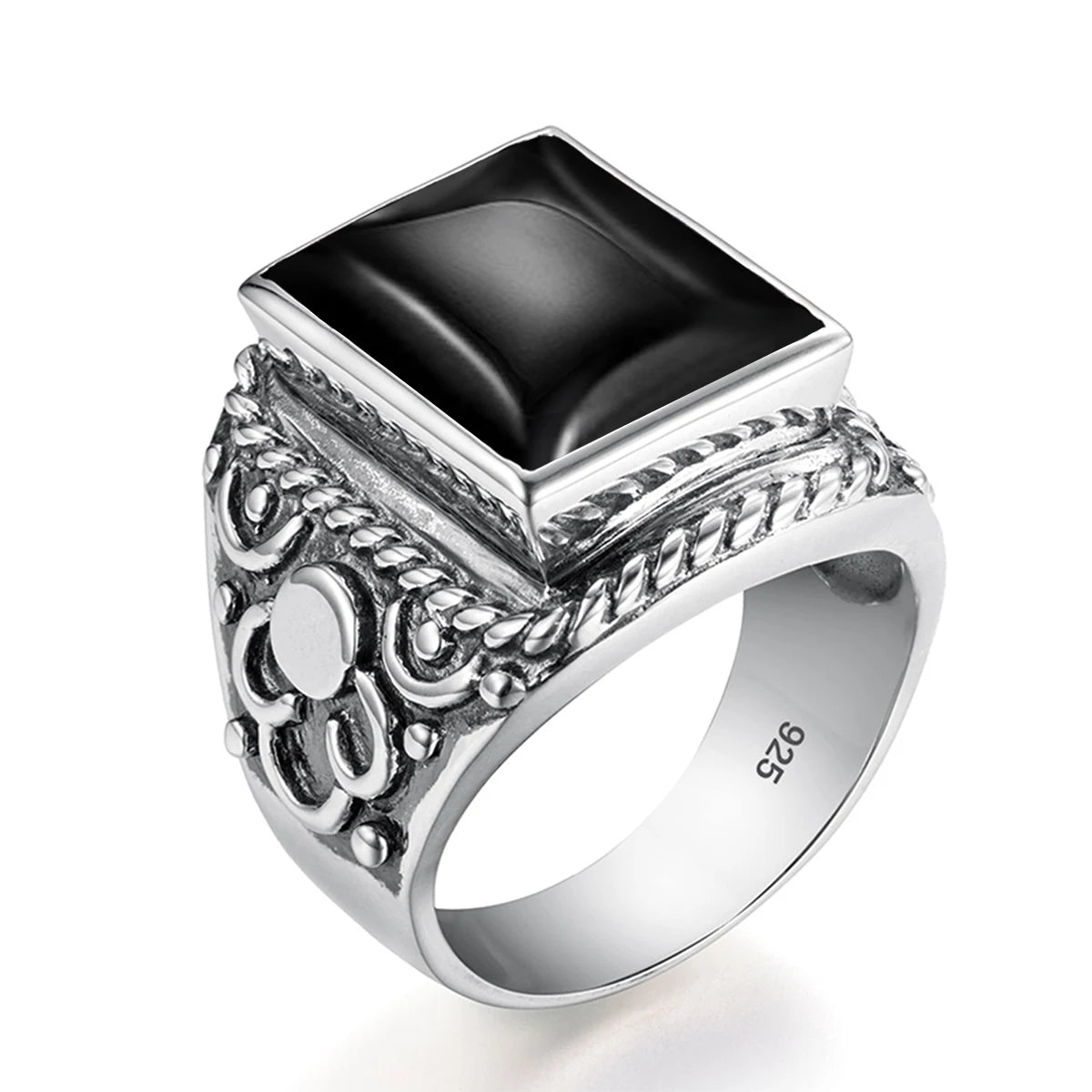 Vintage Filigree 925 Sterling Silver Men’s Ring – Turkish Black Agate Gemstone, Rhodium Plated Floral Design Andreas