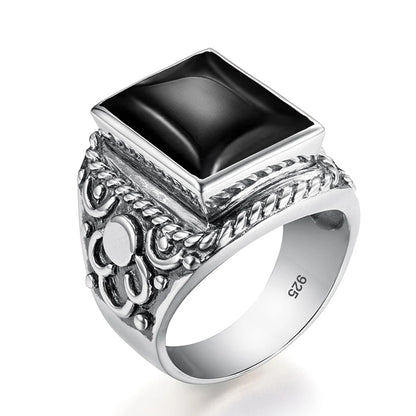 Vintage Filigree 925 Sterling Silver Men’s Ring – Turkish Black Agate Gemstone, Rhodium Plated Floral Design Andreas