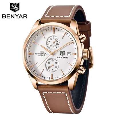 BENYAR 5187 Men’s Chronograph Watch – Waterproof Quartz Sports Wristwatch with Genuine Leather Strap & Date