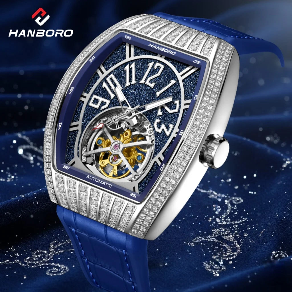 HANBORO Men’s Automatic Skeleton Flywheel Watch – Stainless Steel Case, 5BAR Water Resistant, Mechanical Luxury Wristwatch (Magic Series) Serkan